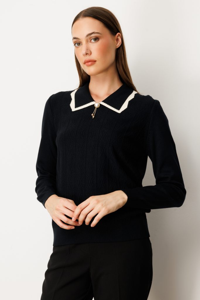 ON TRİKO Yakası Aksesuar Detaylı Triko Kazak 65363 - Siyah