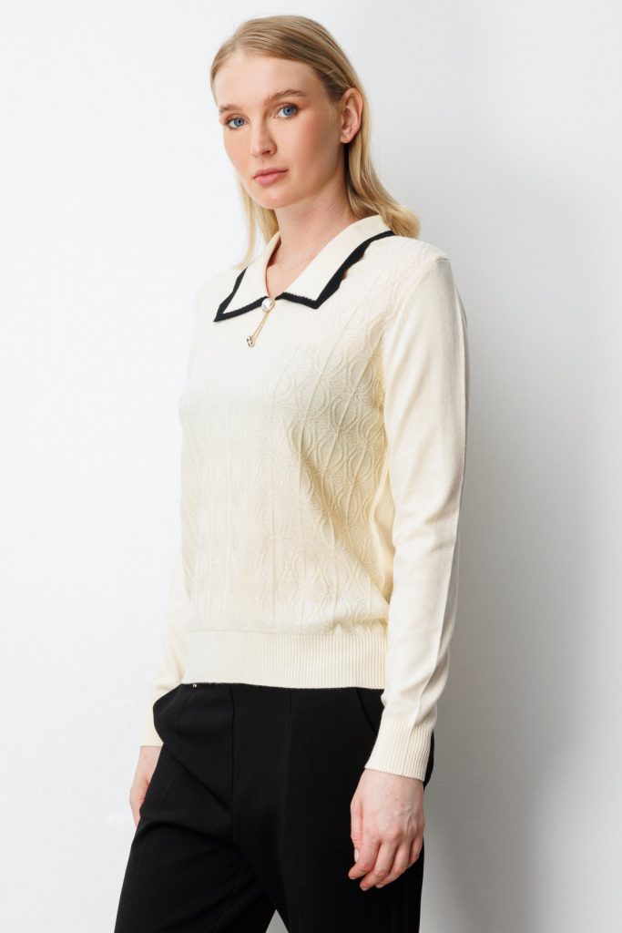 ON TRİKO Yakası Aksesuar Detaylı Triko Kazak 65363 - KREM