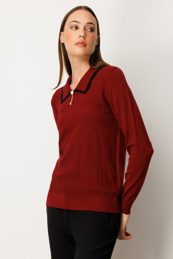 ON TRİKO Yakası Aksesuar Detaylı Triko Kazak 65363 - bordo