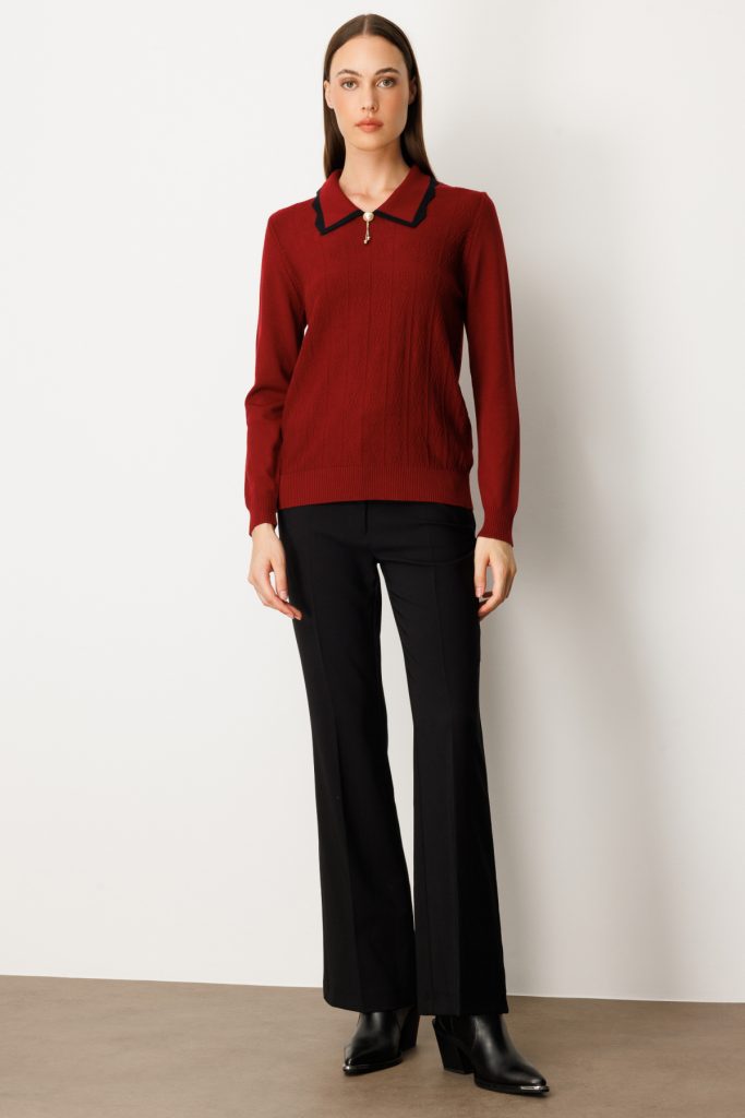 ON TRİKO Yakası Aksesuar Detaylı Triko Kazak 65363 - bordo