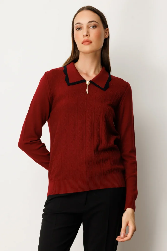 ON TRİKO Yakası Aksesuar Detaylı Triko Kazak 65363 - bordo