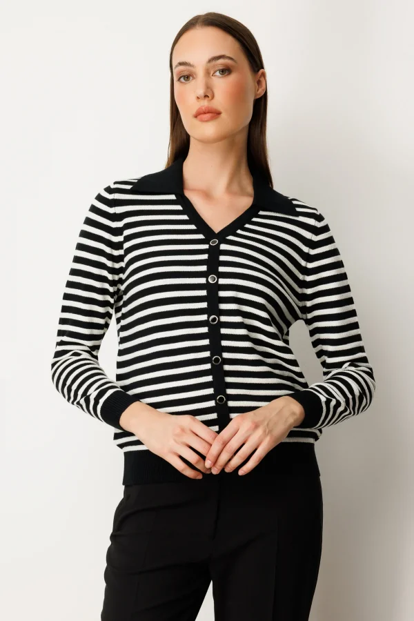 ON TRİKO Düğme Detaylı Çizgili Kazak 65367