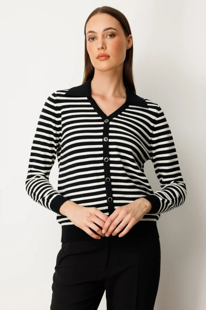ON TRİKO Düğme Detaylı Çizgili Kazak 65367 - Siyah