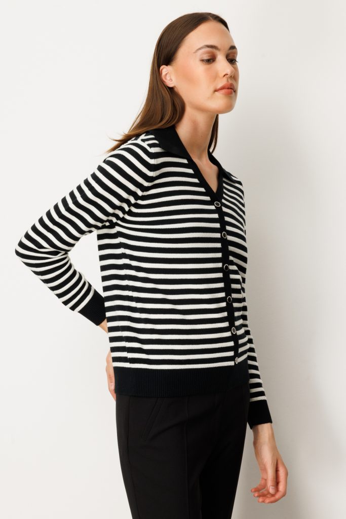 ON TRİKO Düğme Detaylı Çizgili Kazak 65367 - Siyah