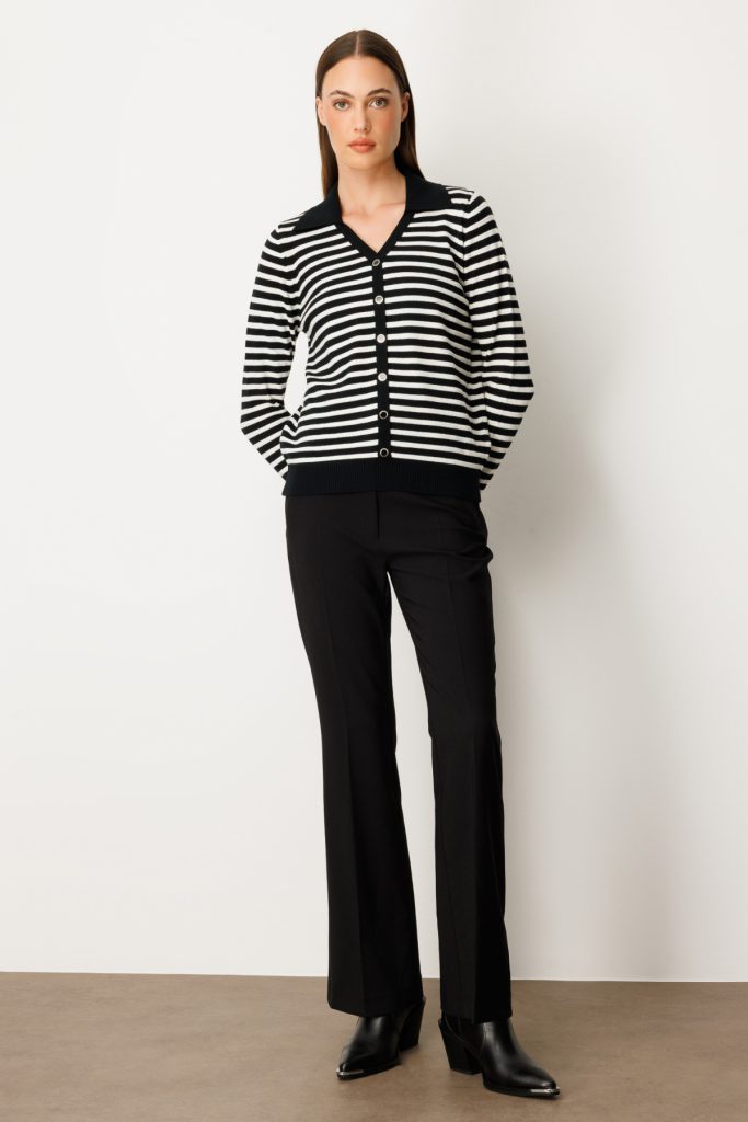 ON TRİKO Düğme Detaylı Çizgili Kazak 65367 - Siyah