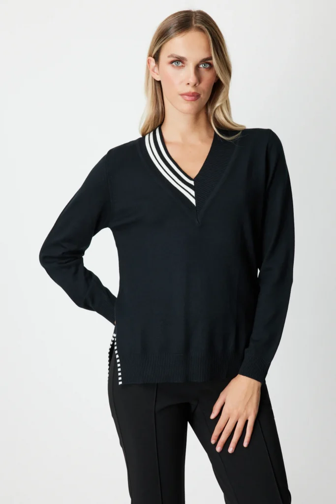 ON TRİKO V Yaka Yakası Ribanalı Kazak 65378 - Siyah