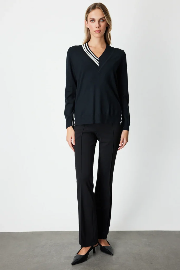 ON TRİKO V Yaka Yakası Ribanalı Kazak 65378 - Siyah