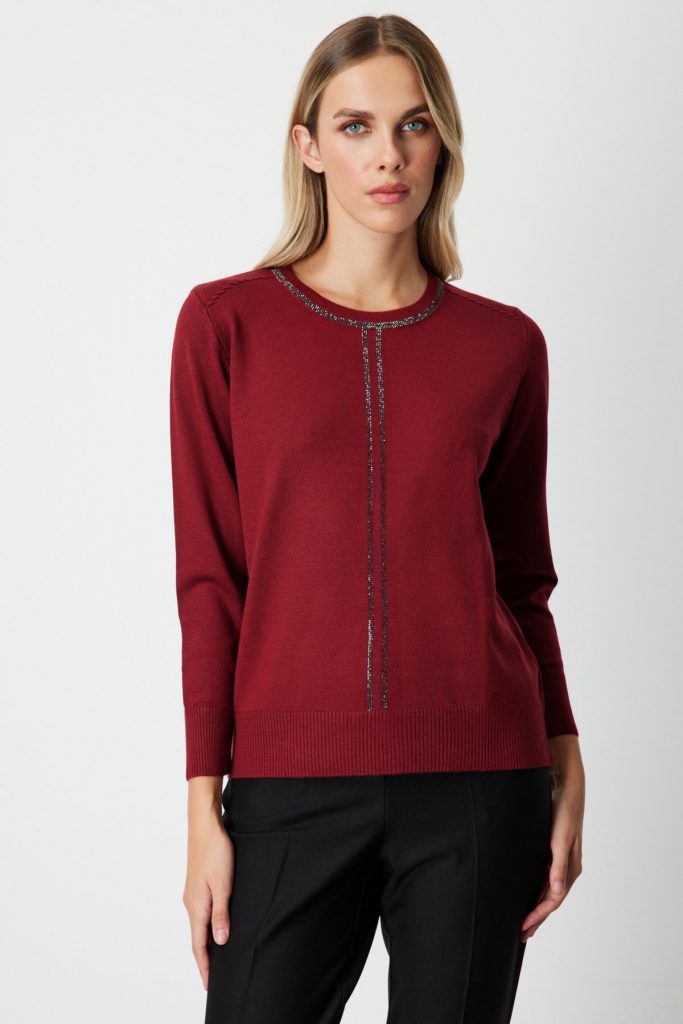 ON TRİKO Taş İşlemeli Triko Kazak 65397 - bordo