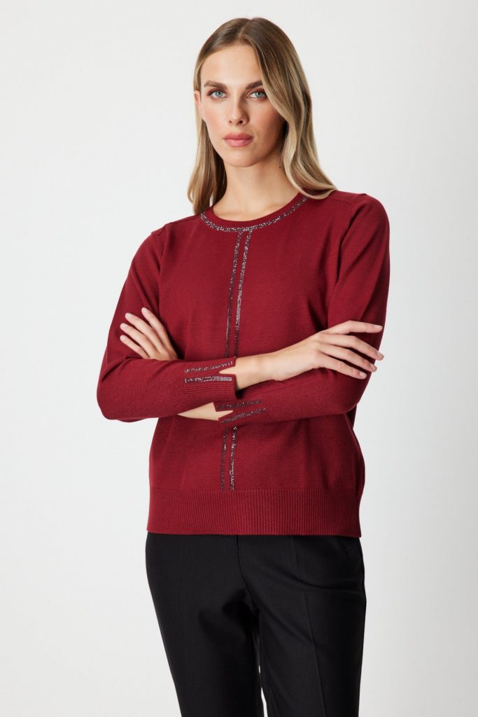 ON TRİKO Taş İşlemeli Triko Kazak 65397 - bordo