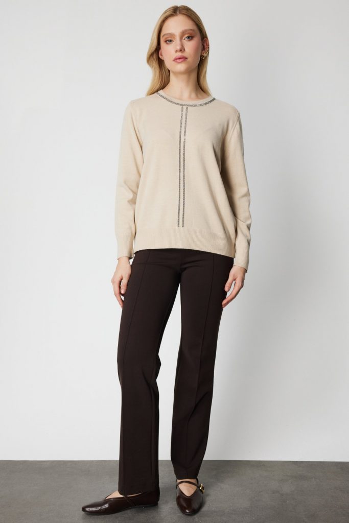 ON TRİKO Taş İşlemeli Triko Kazak 65397 - BEJ