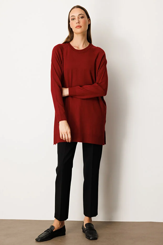 ON TRİKO Arkası Düğmeli Sıfır Yaka Kazak  65413 - bordo