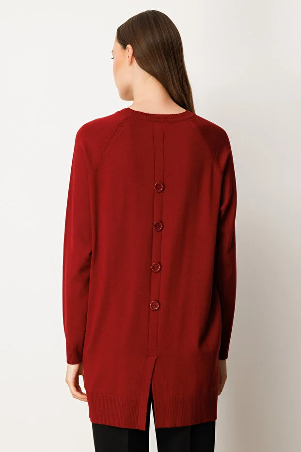 ON TRİKO Arkası Düğmeli Sıfır Yaka Kazak  65413 - bordo