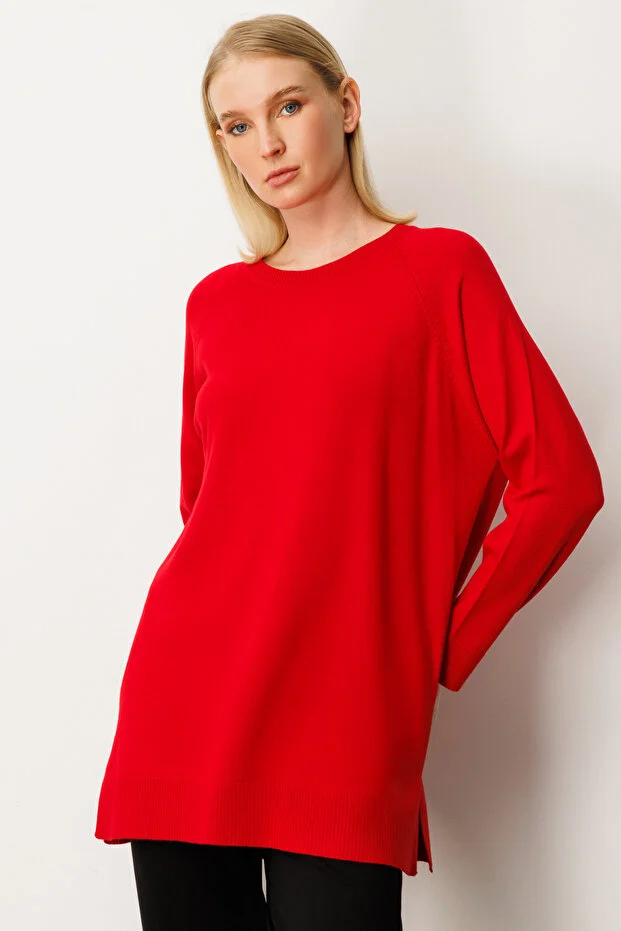 ON TRİKO Arkası Düğmeli Sıfır Yaka Kazak  65413 - KIRMIZI