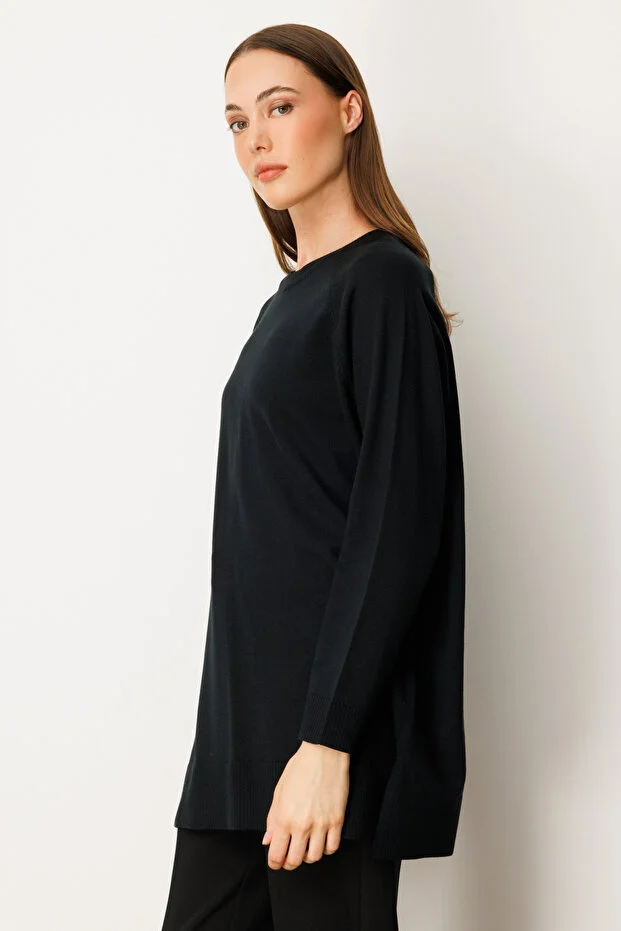 ON TRİKO Arkası Düğmeli Sıfır Yaka Kazak  65413 - Siyah