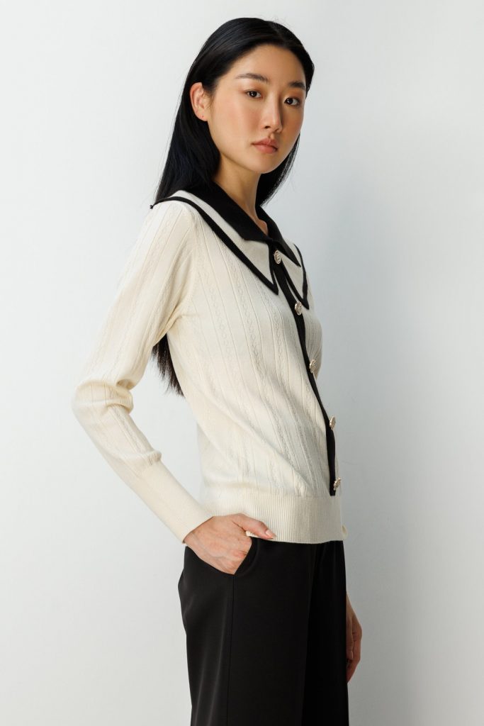 ON TRİKO Çift Yaka Düğme Detaylı Triko Kazak 66460 - KREM