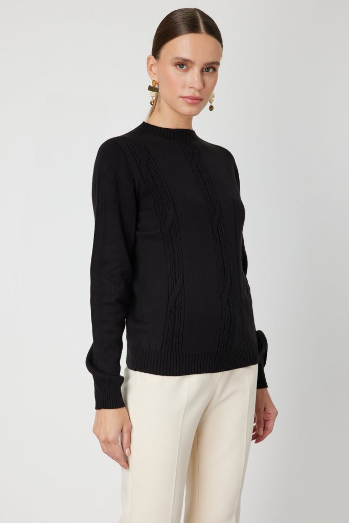 ON TRİKO Örgülü Sıfır Yaka Triko Kazak 69313 - Siyah