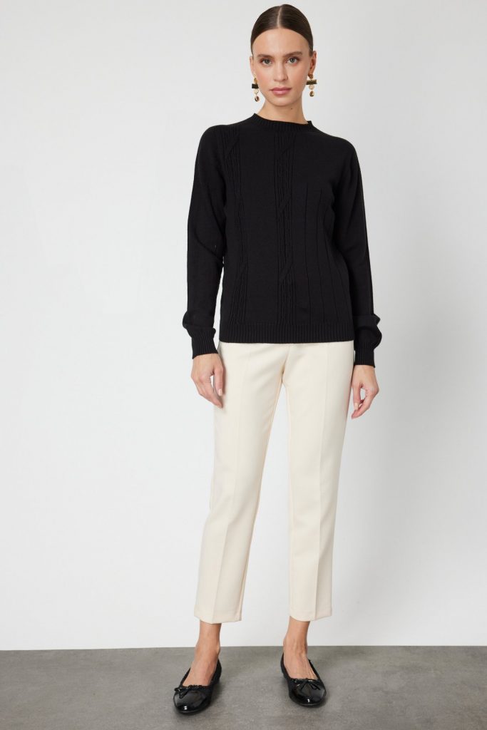 ON TRİKO Örgülü Sıfır Yaka Triko Kazak 69313 - Siyah