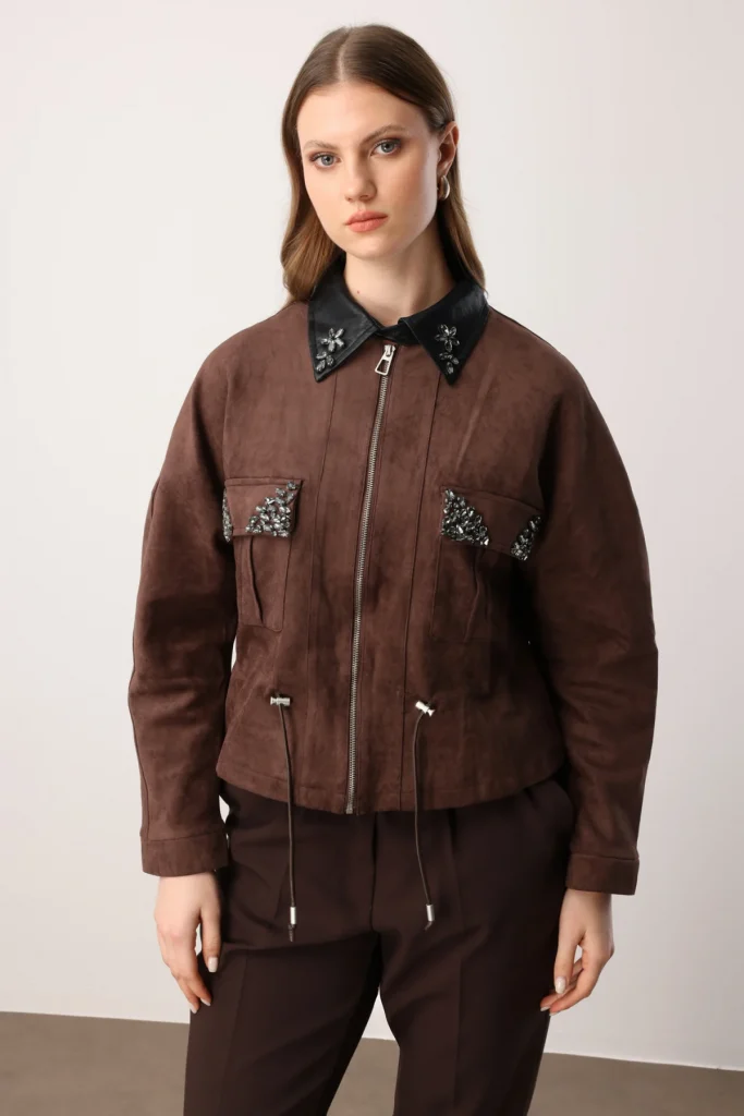 ON TRİKO Cepleri Taş Detaylı Süet Mont 60714 - kahve