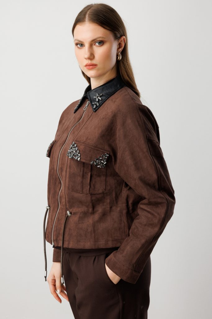 ON TRİKO Cepleri Taş Detaylı Süet Mont 60714 - kahve