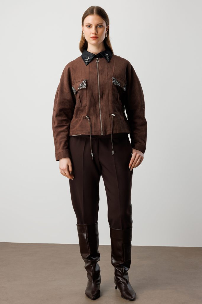 ON TRİKO Cepleri Taş Detaylı Süet Mont 60714 - kahve