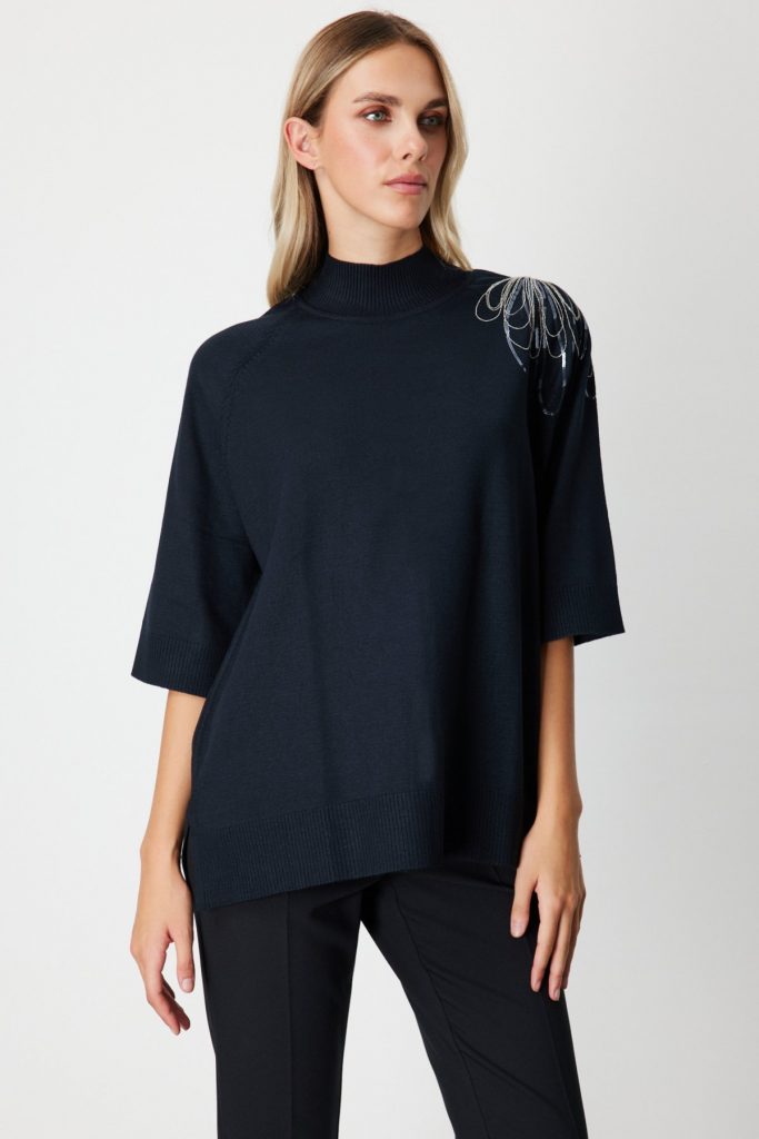 ON TRİKO Omzu Zincir İşlemeli Triko Kazak 65381 - Siyah