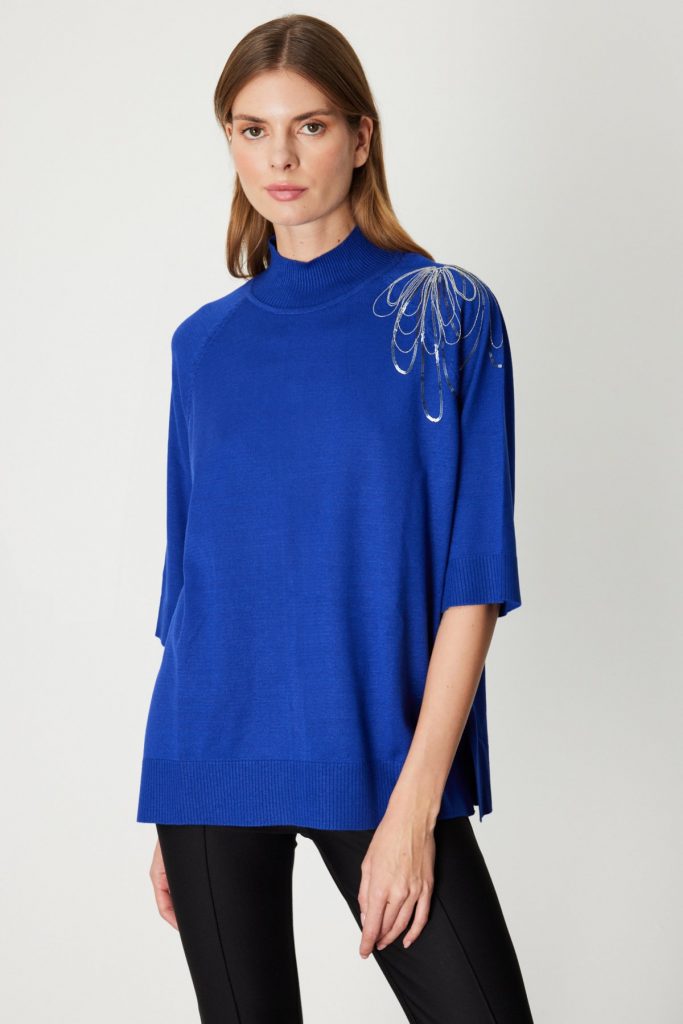 ON TRİKO Omzu Zincir İşlemeli Triko Kazak 65381 - SAKS