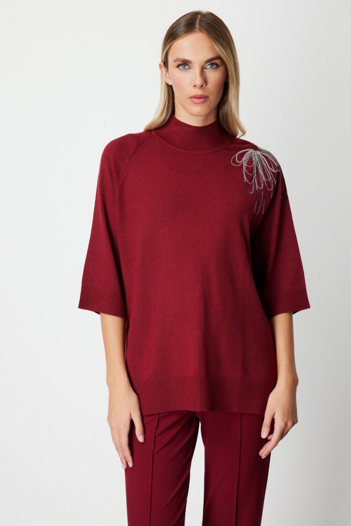 ON TRİKO Omzu Zincir İşlemeli Triko Kazak 65381 - bordo