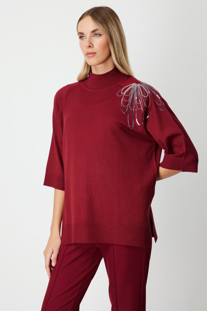 ON TRİKO Omzu Zincir İşlemeli Triko Kazak 65381 - bordo