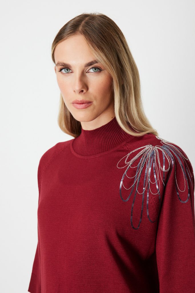 ON TRİKO Omzu Zincir İşlemeli Triko Kazak 65381 - bordo