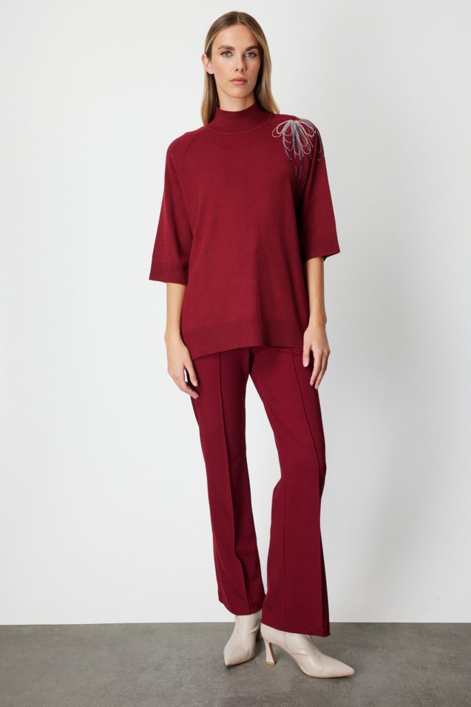 ON TRİKO Omzu Zincir İşlemeli Triko Kazak 65381 - bordo