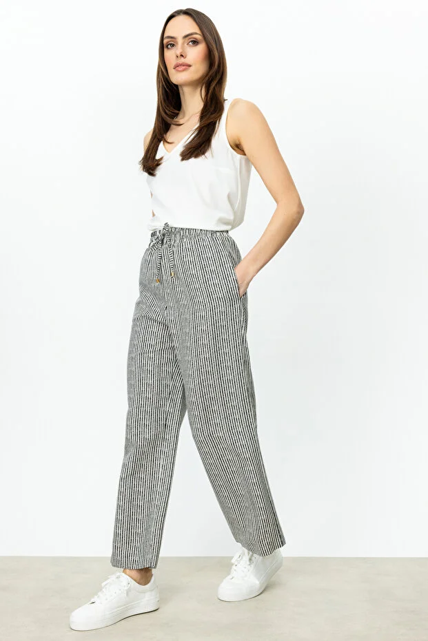 ON TRİKO  Çizgi Desenli Bol Paça Pantolon 54506 - Siyah