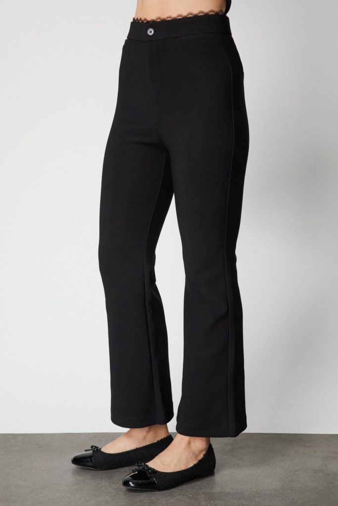 ON TRİKO Beli Dantelli İspanyol Paça Pantolon 60106 - Siyah