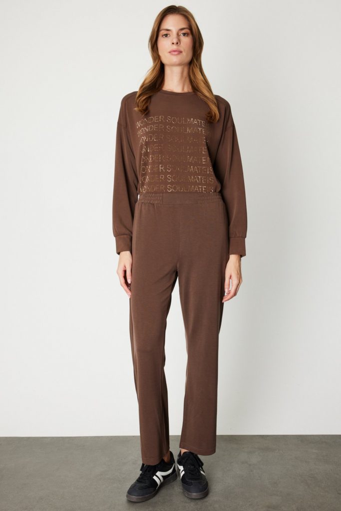 ON TRİKO Beli Lastikli Bol Paça Eşofman Altı 66349 - kahve