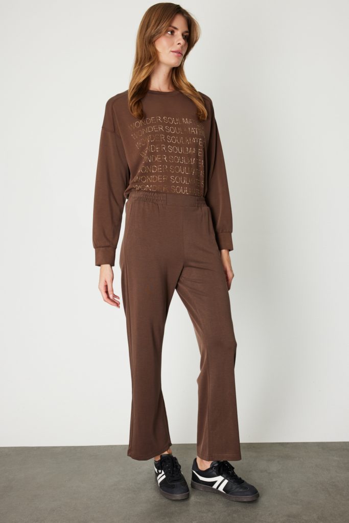 ON TRİKO Beli Lastikli Bol Paça Eşofman Altı 66349 - kahve