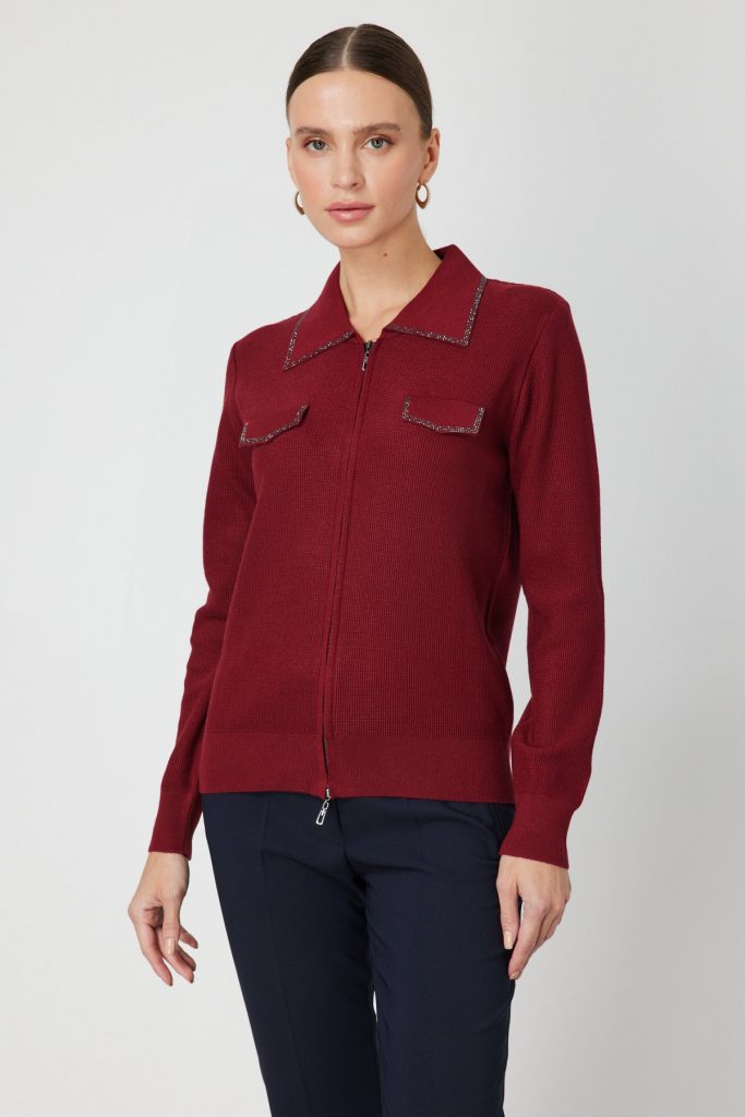 ON TRİKO Taş İşlemeli Triko Hırka 65926 - bordo