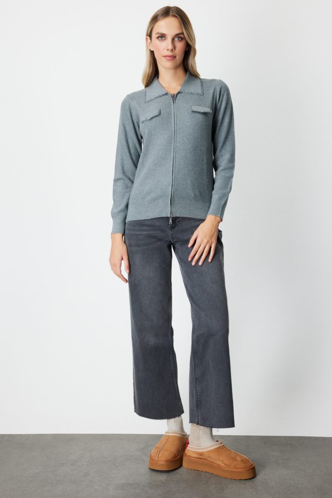 ON TRİKO Taş İşlemeli Triko Hırka 65926 - GRİ