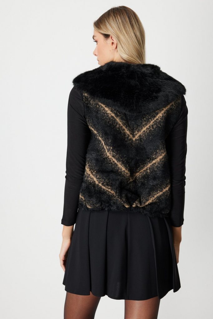 ON TRİKO Desenli Yakası Kürklü Yelek  60915 - Siyah