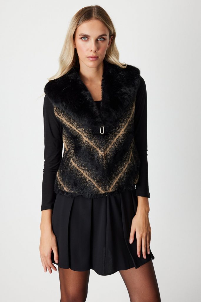 ON TRİKO Desenli Yakası Kürklü Yelek  60915 - Siyah