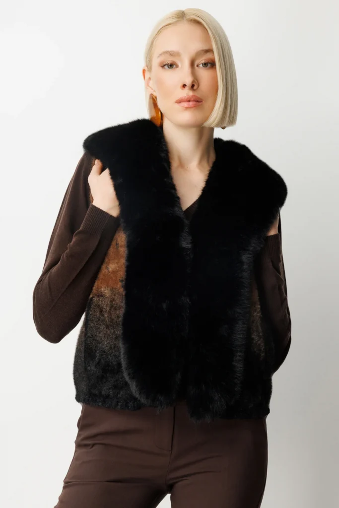 ON TRİKO Yakası Kürklü Desenli Peluş Yelek 60916 - Siyah