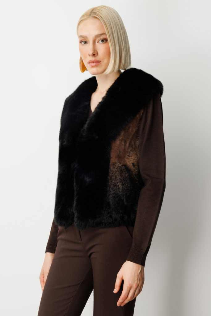 ON TRİKO Yakası Kürklü Desenli Peluş Yelek 60916 - Siyah