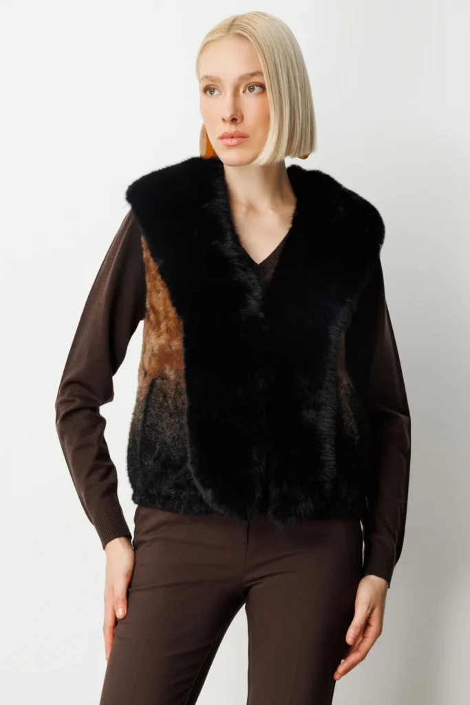 ON TRİKO Yakası Kürklü Desenli Peluş Yelek 60916 - Siyah