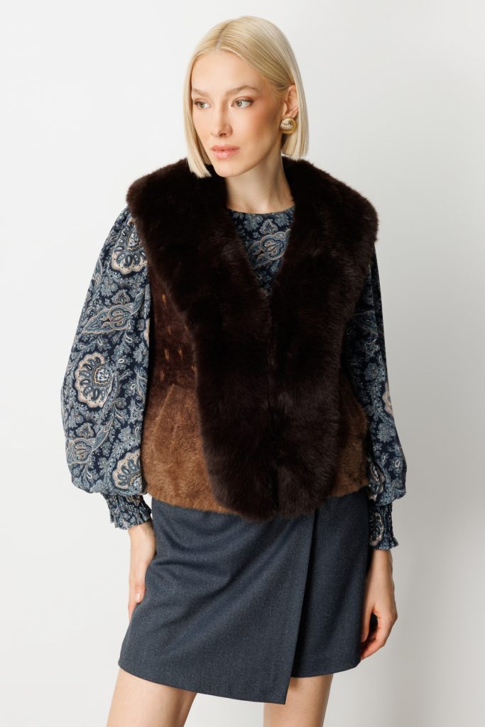 ON TRİKO Yakası Kürklü Desenli Peluş Yelek 60916 - kahve