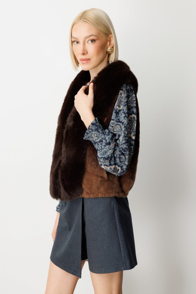 ON TRİKO Yakası Kürklü Desenli Peluş Yelek 60916 - kahve