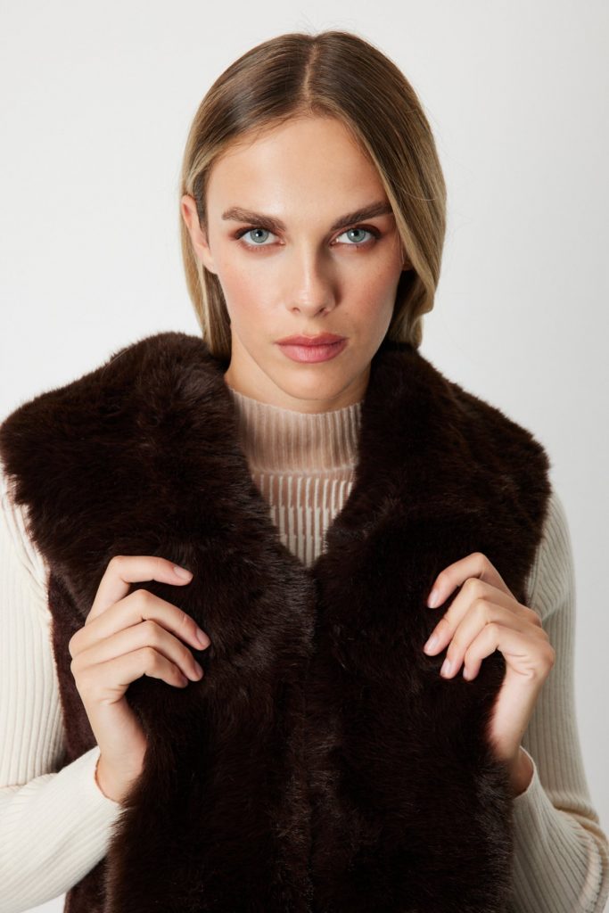 ON TRİKO  On Yakası Kürklü Peluş Yelek 60917 - kahve