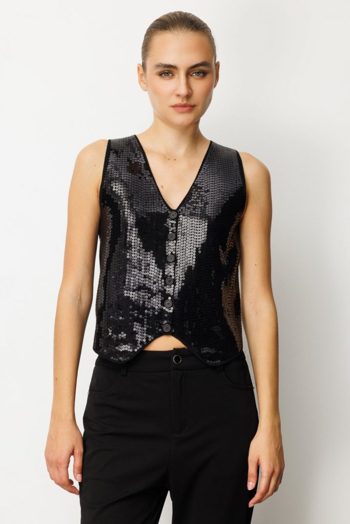 ON TRİKO Önü Pullu Triko Kumaş Yelek 60918-26k - Siyah