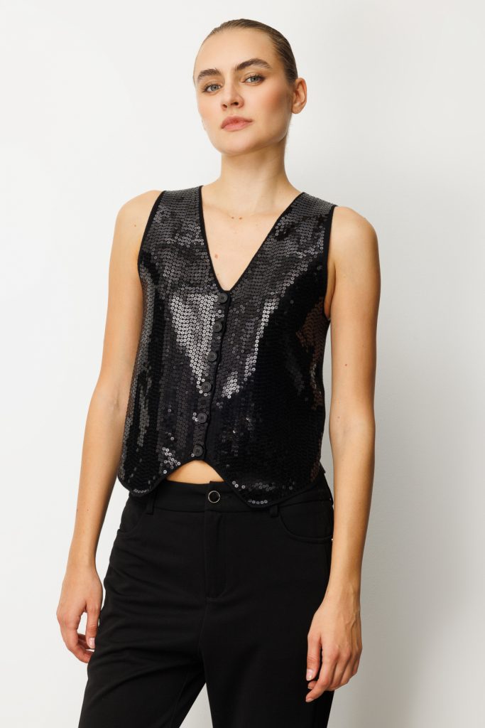 ON TRİKO Önü Pullu Triko Kumaş Yelek 60918-26k - Siyah