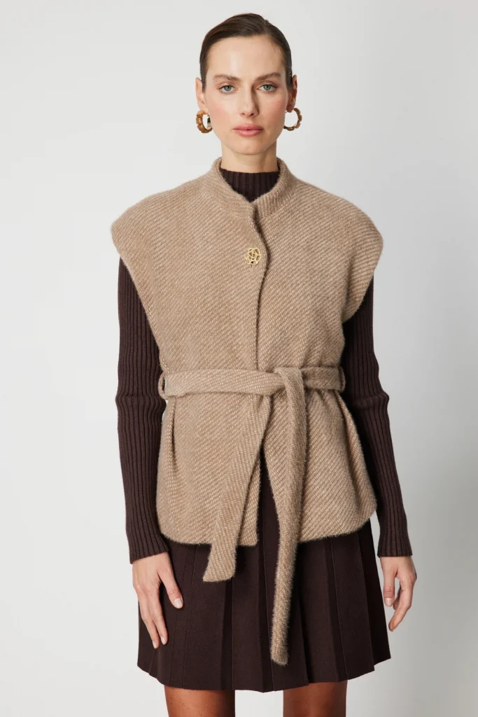 ON TRİKO Beli Kuşaklı Dokulu Yelek 64900 - VİZON