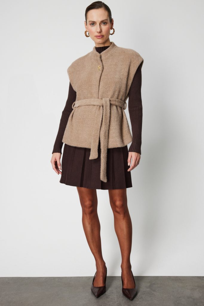 ON TRİKO Beli Kuşaklı Dokulu Yelek 64900 - VİZON