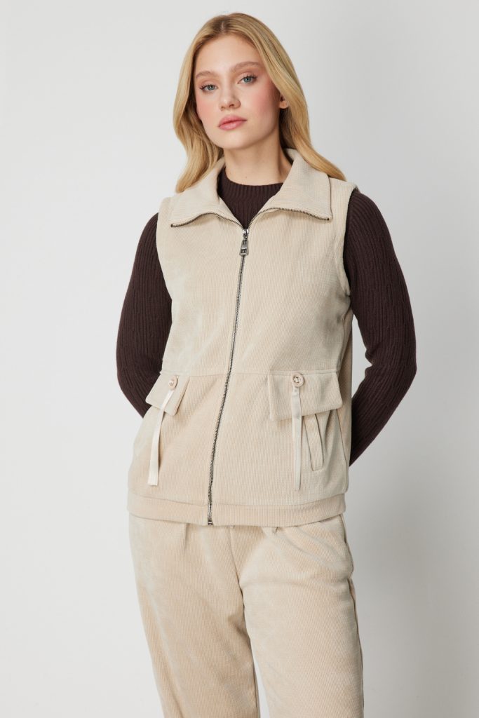 ON TRİKO Dik Yaka Fermuarlı Yelek 66920 - BEJ