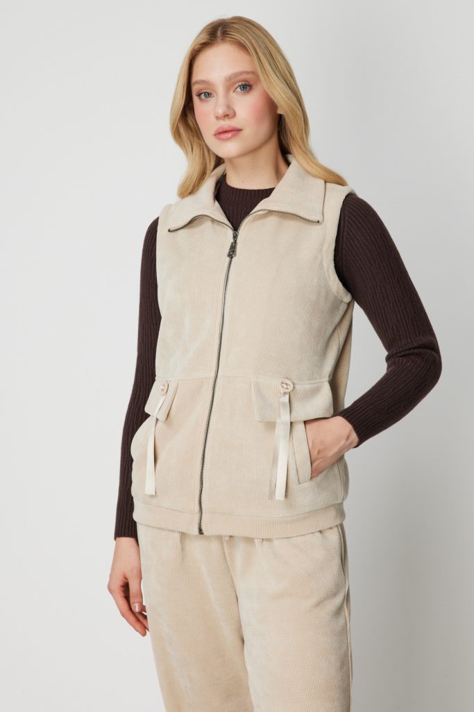 ON TRİKO Dik Yaka Fermuarlı Yelek 66920 - BEJ